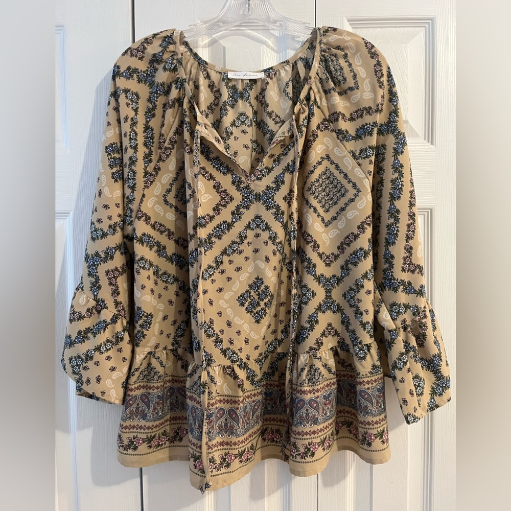 Ces Femme Tan Blouse with Pink and Blue Flowers